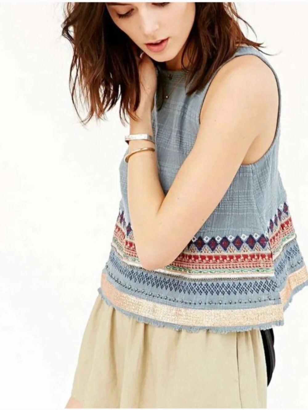 Anthropologie Blue Textured Embroidery  Raw Hem Sleeveless Blouse S Boho Hippie